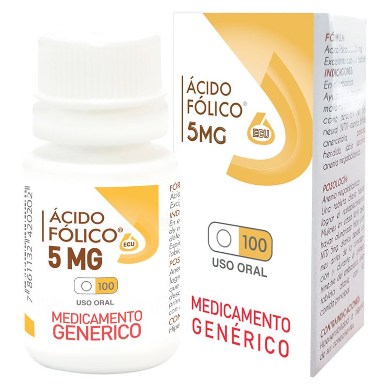 Acido-Folico-Ecu-Tableta-5-mg-Frasco-Con-100-Unidades