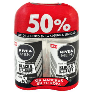 Nivea Pack Desodorante Roll On Men Black-White 50 ml Segundo Al 50%