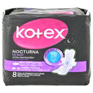 Kotex Toallas Sanitarias Noche Extra Protección Alas 8 Unidades